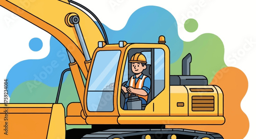 Smiling worker in hard hat operating an excavator Construction development and heavy machinery