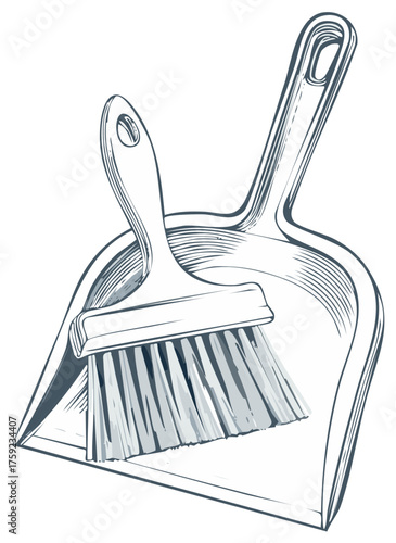 Dustpan and Brush Sketch, Cleaning Tools Vector Art, Hygiene and Housework Equipment, Broom Illustration
