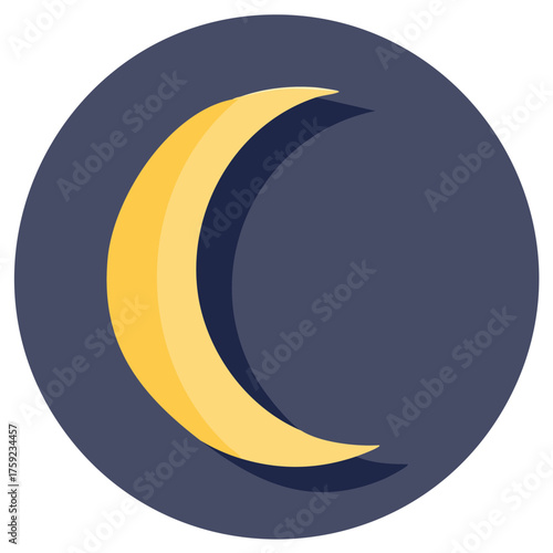 Minimalist yellow crescent moon icon on dark round background symbolizing night and sleep