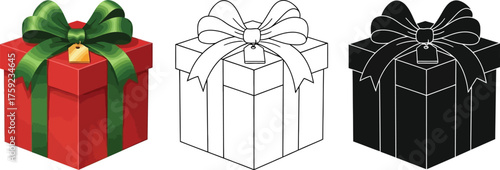 Gift box with ribbon in three styles colored, line art, and silhouette vector illustration