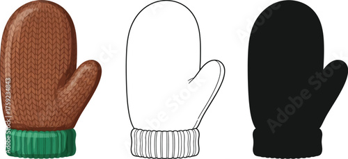 Mitten in three styles colored, line art, and silhouette vector illustration