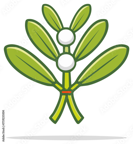 Festive mistletoe branch with green leaves and white berries cartoon icon