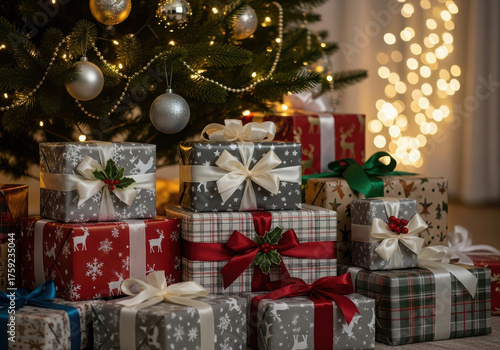 Wallpaper Mural Stack of beautifully wrapped christmas presents under a decorated tree Torontodigital.ca