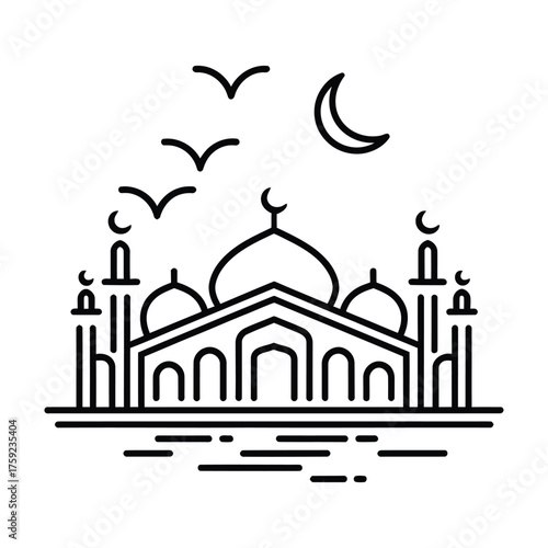 Minimalist Mosque Illustration with Crescent Moon and Flying Birds