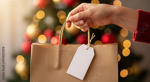 Hand Holding Brown Gift Bag with White Tag in Front of Festive Christmas Tree