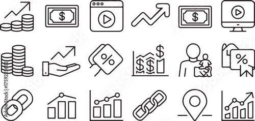 Hand drawn icons representing business growth finance and online marketing
