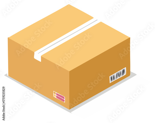 Isometric cardboard shipping box with white tape barcode and small label