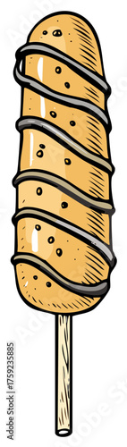 Hand drawn illustration of a corn dog with chocolate drizzle and sprinkles on a stick
