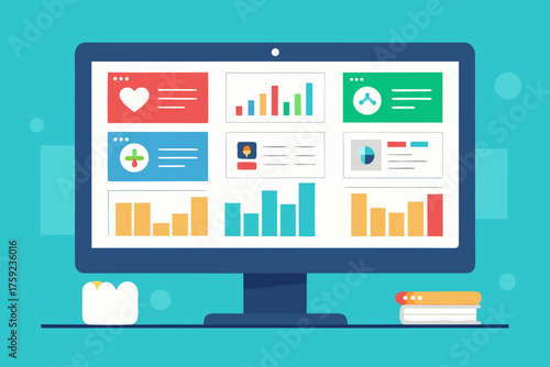 A computer monitor displaying dashboards with charts and graphs, representing data analysis and visualization for business intelligence and monitoring