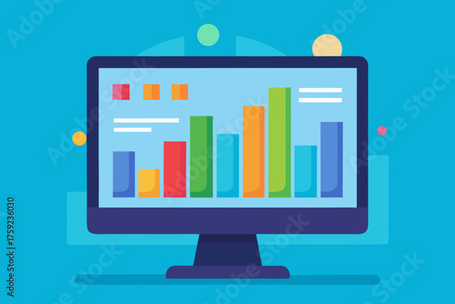 A monitor displaying a bar graph with different colored bars, representing data analysis and visualization for business and finance insights