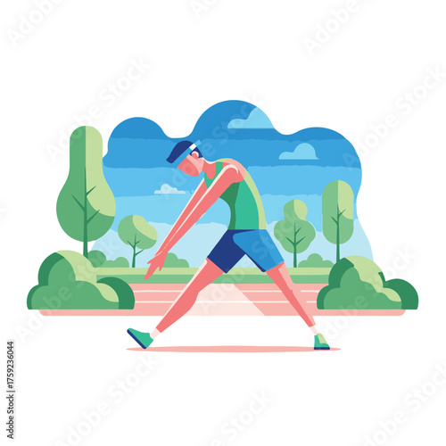 Man stretching legs in a park, wearing sportswear, with trees and sky in the background.