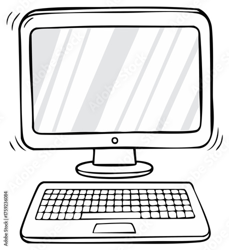 Hand drawn computer monitor and separate keyboard illustration in black and white sketch style.