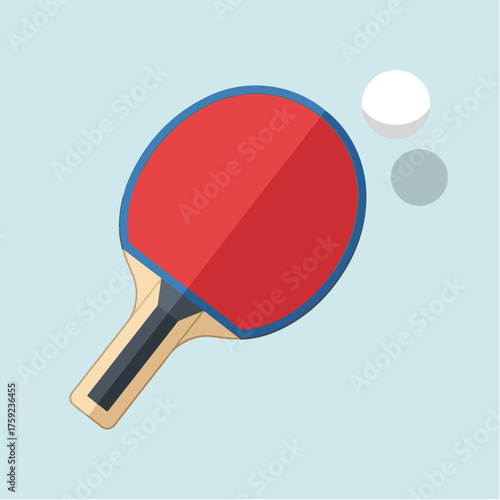 A red and blue table tennis racket with a wooden handle and a white ping pong ball, set against a light blue background.