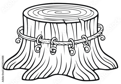 Stylized Tree Stump with Rope Decoration, Cartoon Illustration, Black and White Line Art