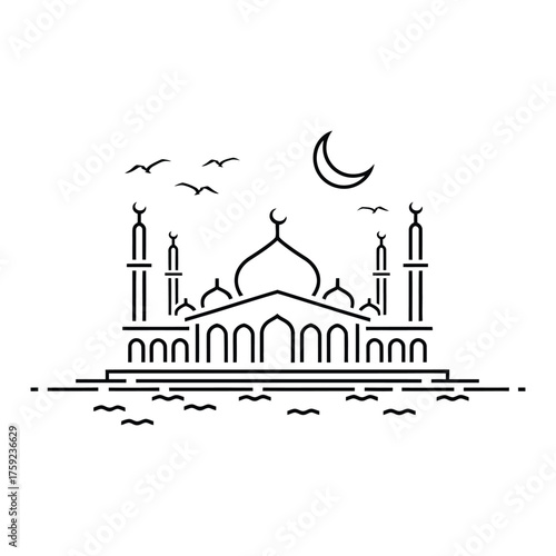 Minimalist Mosque Illustration with Crescent Moon and Flying Birds