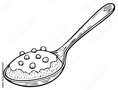 Vintage style line art of a spoon carrying a serving of food with small round toppings