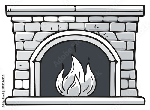 Cartoon illustration of a stone fireplace with burning flames.