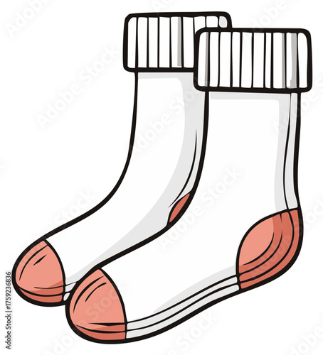 Pair of clean white cartoon socks with pink reinforced toe and ribbed top for warmth and comfort