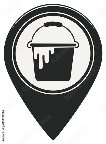 Paint bucket dripping inside a map location pin icon symbol for renovation service