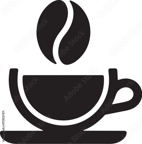Simple silhouette of a coffee cup with a steam and coffee bean