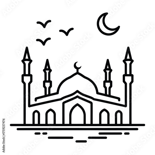 Minimalist Mosque Illustration with Crescent Moon and Flying Birds