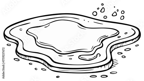 Hand drawn sketch of a flowing puddle with small droplets scattered around