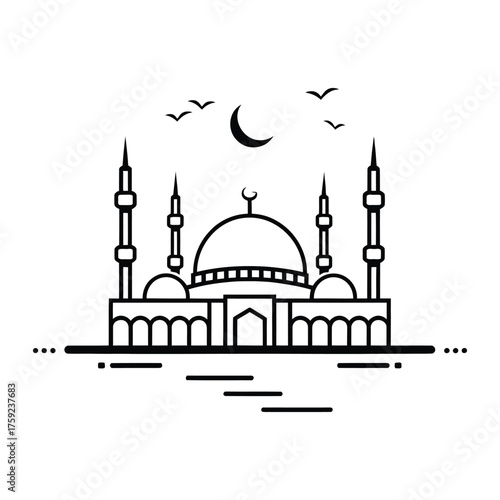 Minimalist Mosque Illustration with Crescent Moon and Flying Birds