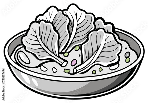Illustration of gray bowl with Asian soup topped with green leafy bok choy and colorful garnishes