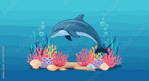 A playful dolphin leaps through vibrant coral reefs beneath the ocean waves.