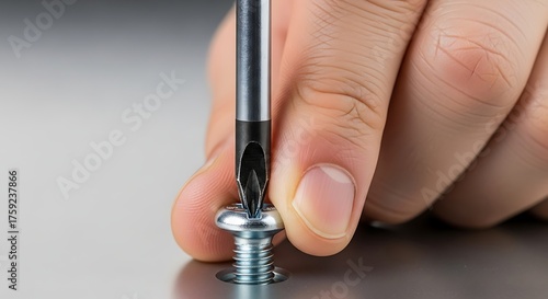 Close-up of Hand Using Screwdriver to Tighten Metal Screw on Surface