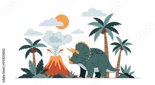 A prehistoric triceratops roams near an erupting volcano amidst lush tropical foliage and palm trees under a bright sun.