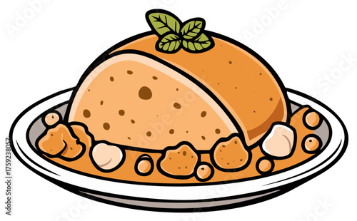 Cartoon food illustration of a round dish with a dome shaped topping and garnish