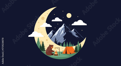 A lone bear enjoys a quiet night camping under the crescent moon and starry sky.