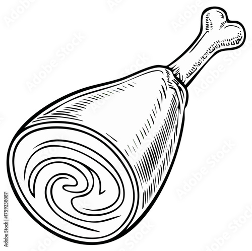 Hand drawn engraving style illustration of a meat leg with bone for food design