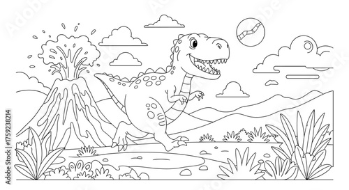 A roaring tyrannosaurus rex in a prehistoric landscape with a smoking volcano and distant mountains.