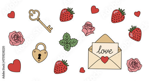A whimsical collection of romantic symbols including keys locks strawberries and roses.