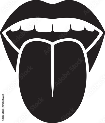 Bold black and white icon of a mouth with tongue extended