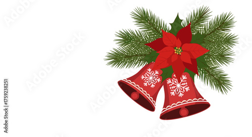 Festive Christmas bells adorned with poinsettias and evergreen sprigs.