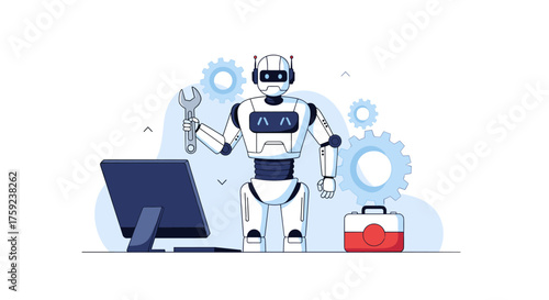 Robotic assistant fixing computer equipment with tools and gears. .