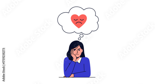 A person sits with a sad heart symbol in a thought bubble above their head.
