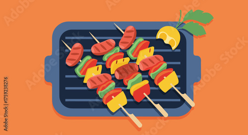 Delicious grilled skewers with sausage and vegetables sizzling on the barbecue grill with a lemon wedge and mint leaves.