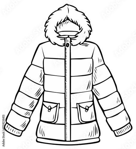 Black and white line art drawing of a warm winter parka coat with a fur hood and pockets for cold weather