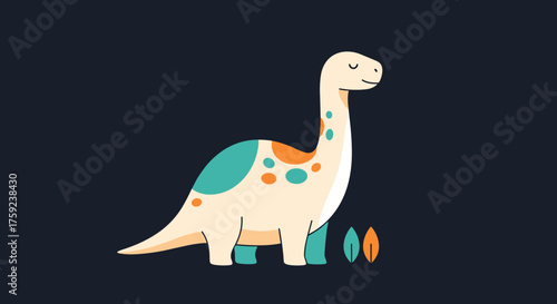 A charming cartoon illustration of a friendly sauropod dinosaur walking serenely.