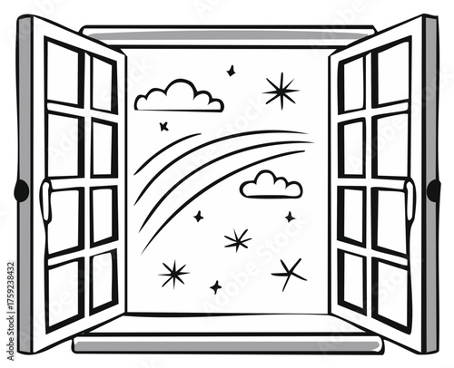 Illustration of an open window with clouds, stars, and shooting stars in a night sky.