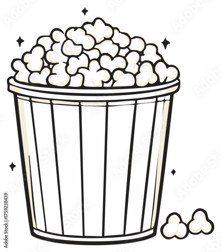Cartoon popcorn bucket overflowing with fluffy kernels, entertainment food concept.