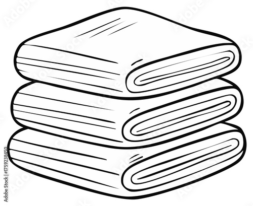 Stacked towels sketch illustration, folded bathroom linen outline, black and white home textile stack.