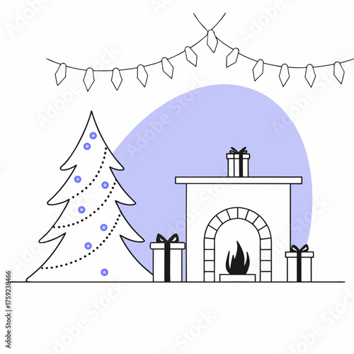 Minimalist illustration of a Christmas tree, fireplace with gifts, and string lights against a light purple backdrop.