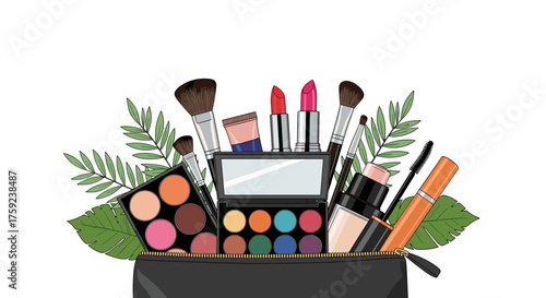 A collection of makeup products with green leaves.
