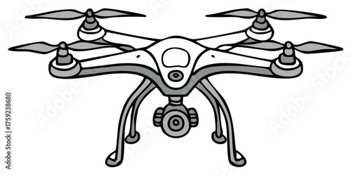 Modern drone illustration featuring rotor blades, camera, and landing gear in monochrome sketch style