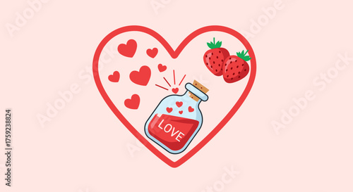 A sweet potion of love with strawberries and hearts creating a romantic atmosphere.